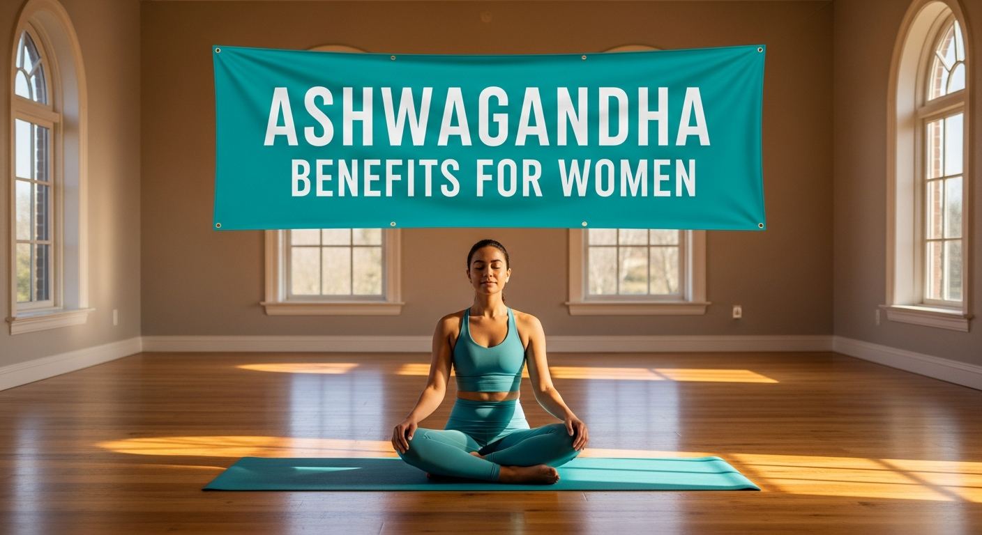 Ashwagandha Benefits for Women: The Complete Guide ashwagandha benefits for women displayed on a teal wellness banner in a yoga studio lifestyle setting