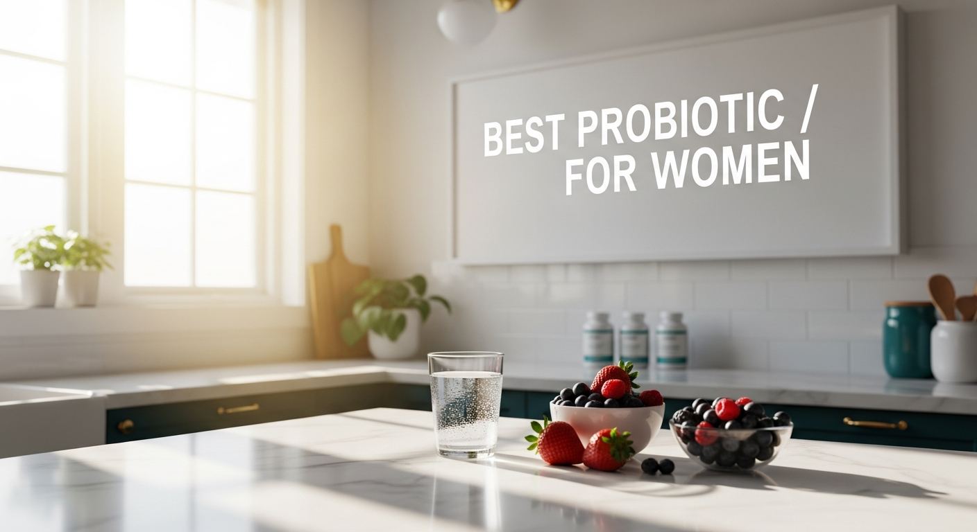best probiotic for women displayed on a sign in a clean wellness kitchen lifestyle setting