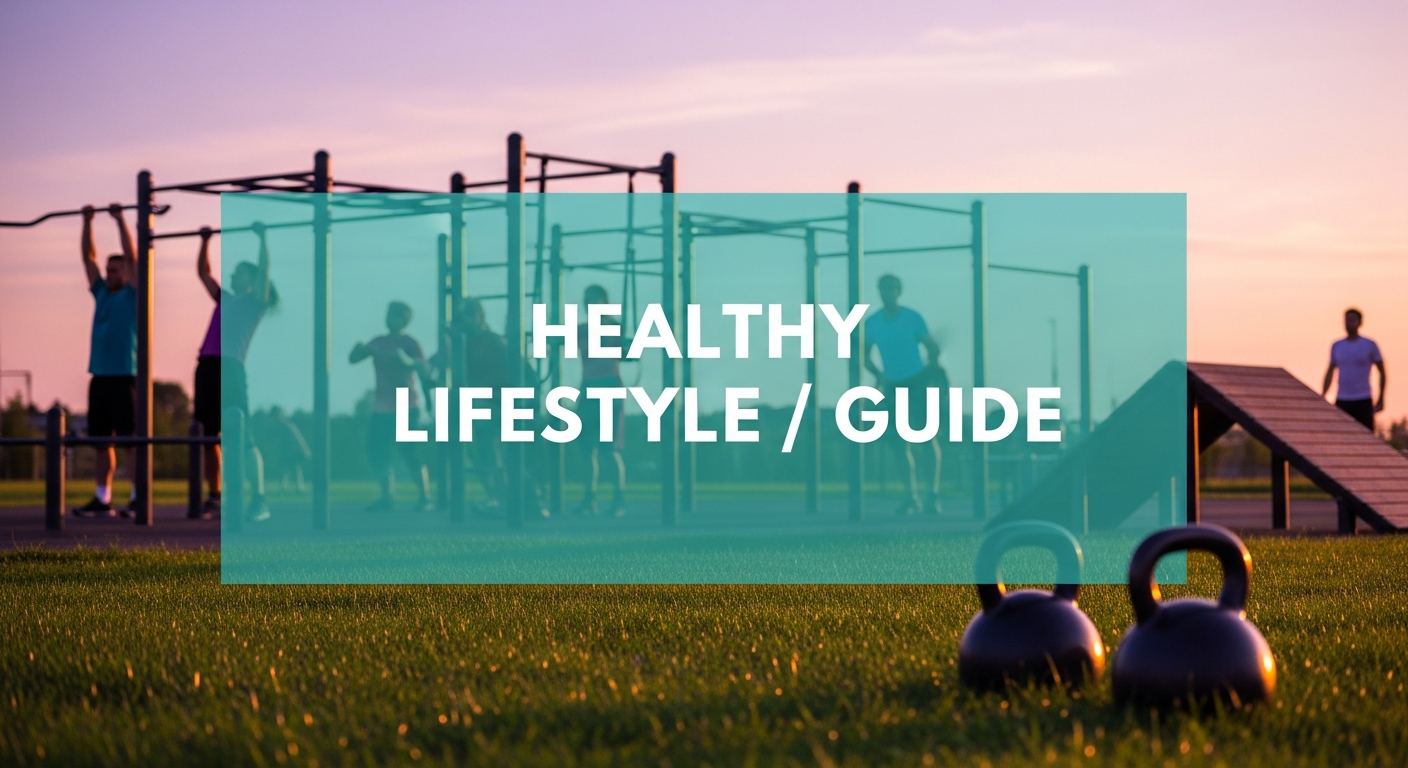 healthy lifestyle guide banner at outdoor fitness park at golden hour sunset