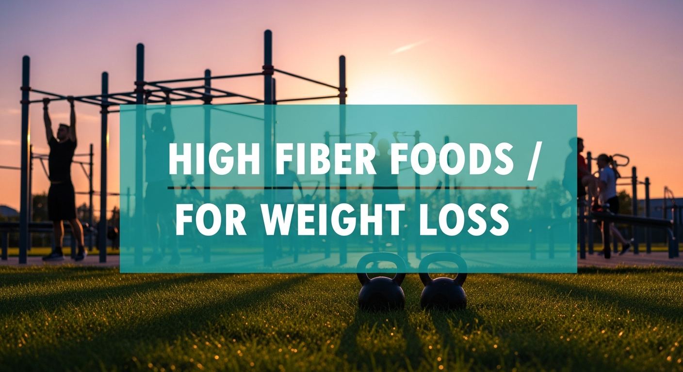 high fiber foods for weight loss displayed on a sign in an outdoor fitness setting at sunset