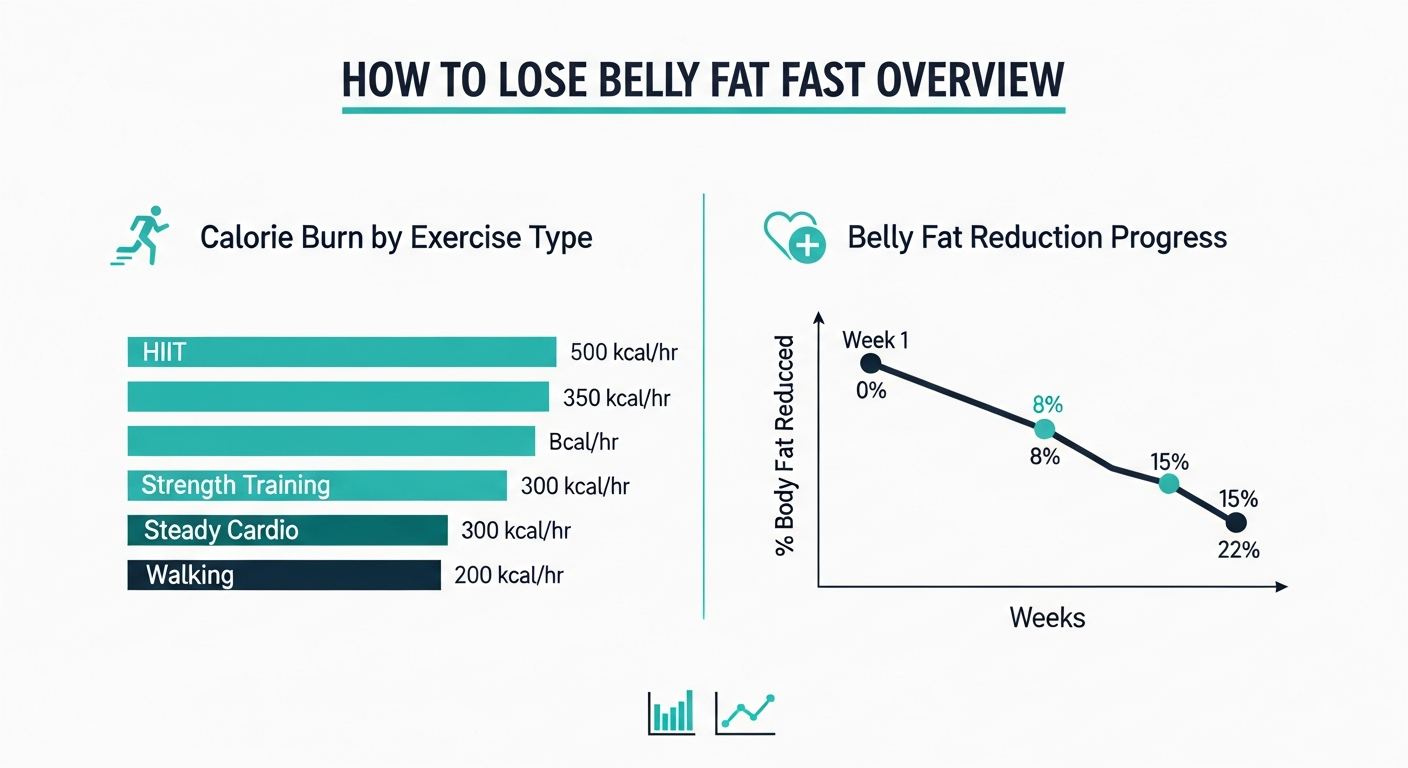 how to lose belly fat fast overview infographic showing calorie burn by exercise type and belly fat reduction over 12 weeks