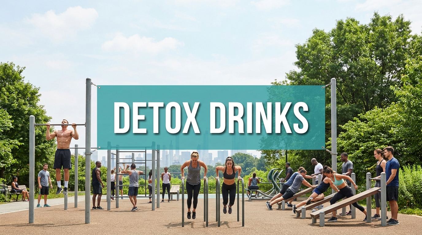 detox drinks banner at an outdoor fitness and wellness park setting