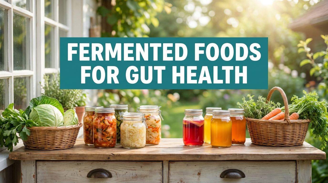 fermented foods for gut health displayed in a bright wellness kitchen setting