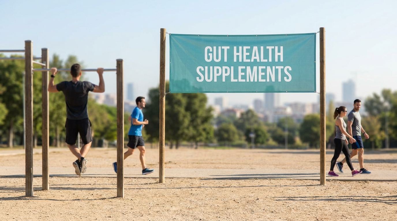 gut health supplements sign in an outdoor health and wellness park setting
