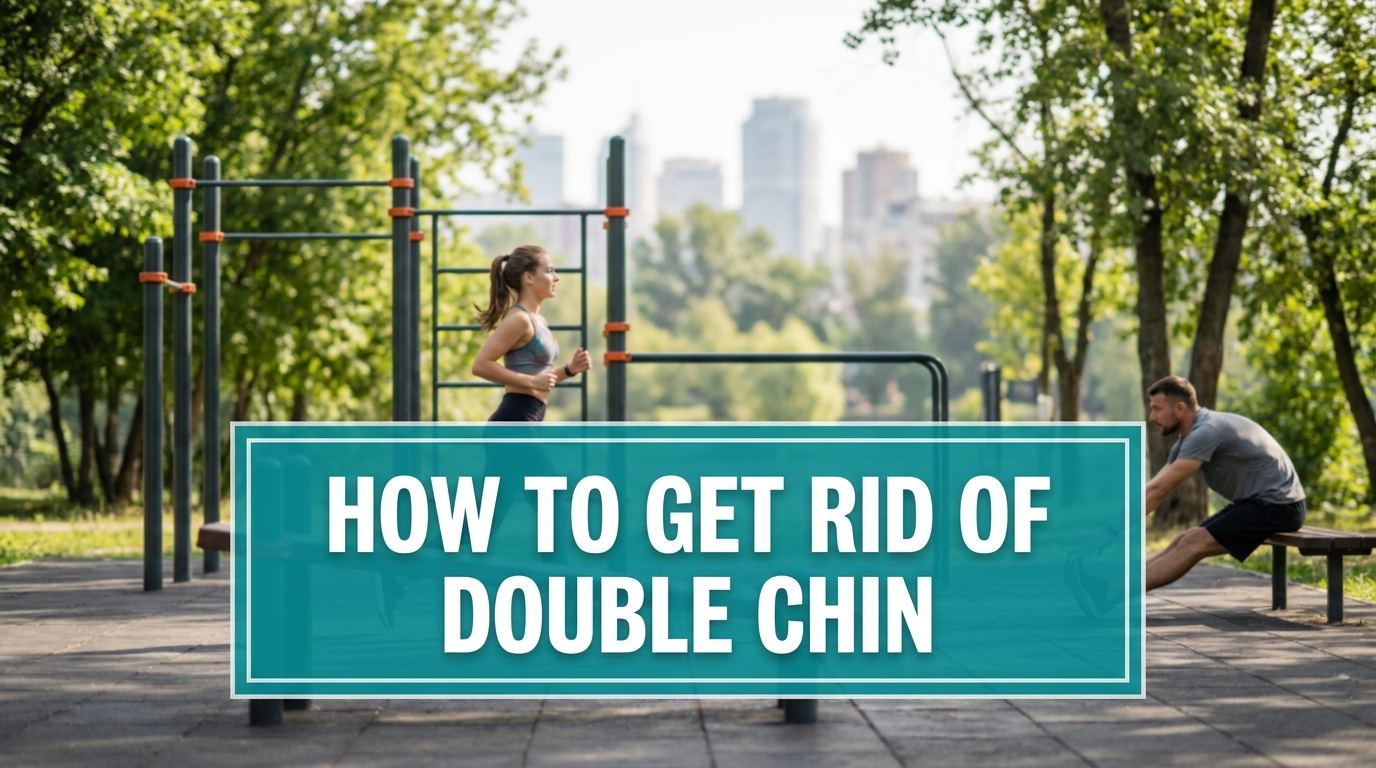 how to get rid of double chin shown on a sign in an outdoor health and wellness setting