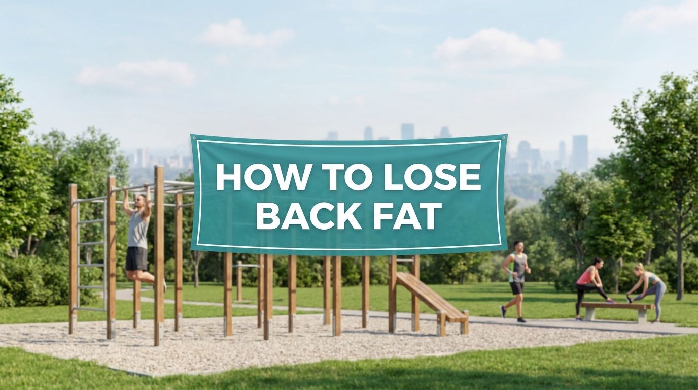 How to lose back fat shown on a sign in an outdoor fitness park setting