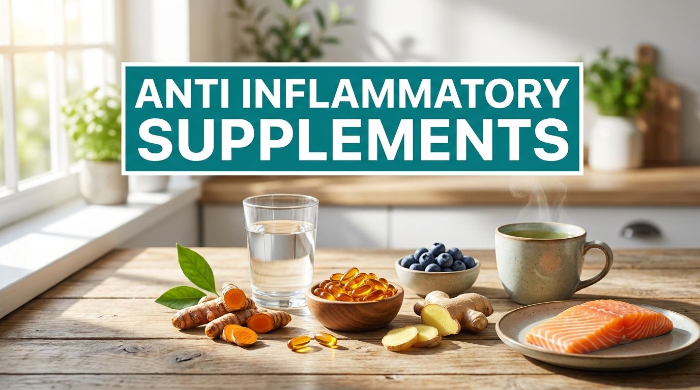Fresh anti-inflammatory foods and supplement capsules on a bright kitchen counter with a banner reading anti inflammatory supplements