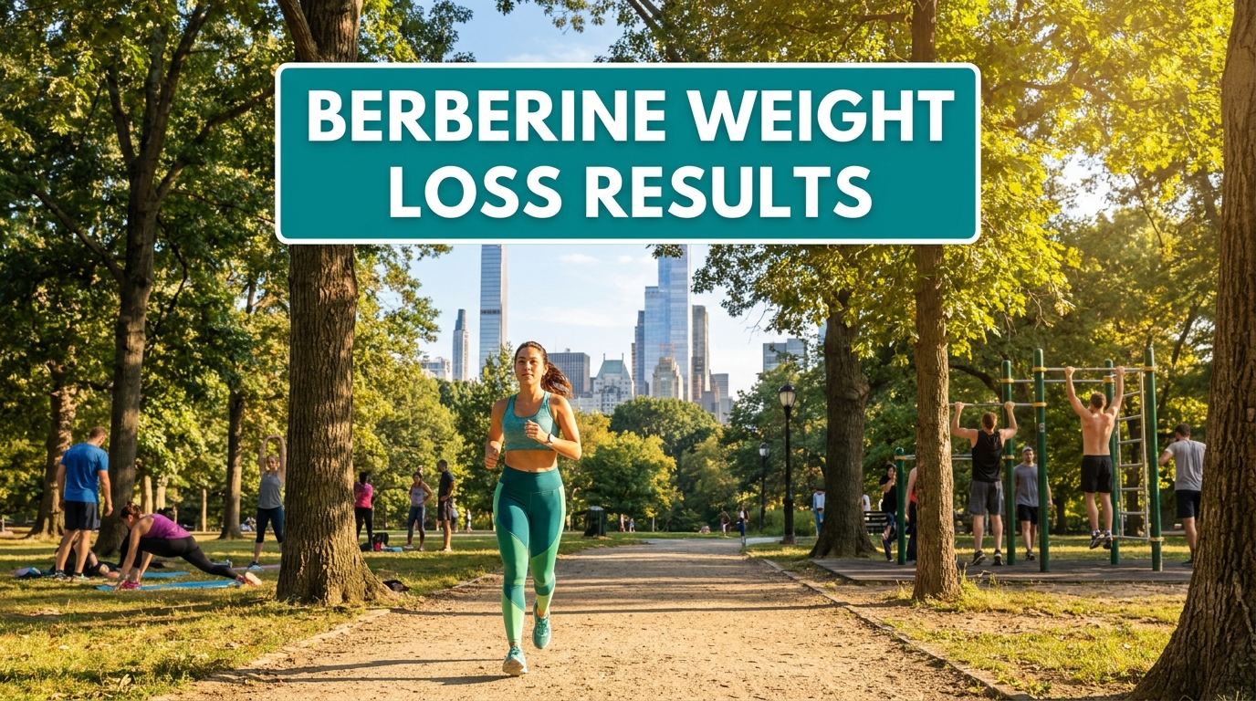Outdoor fitness scene with a sign reading Berberine Weight Loss Results