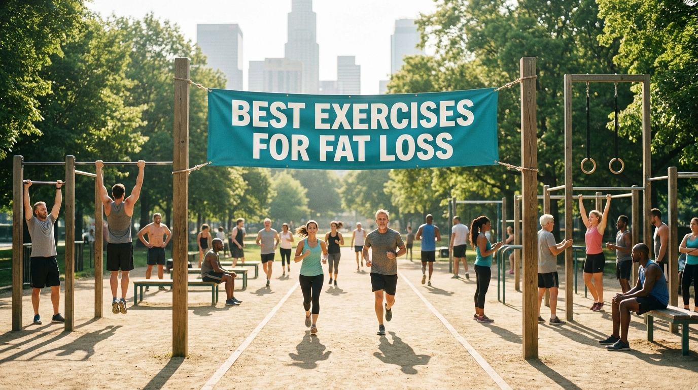Outdoor fitness park with people exercising under a banner reading Best Exercises for Fat Loss