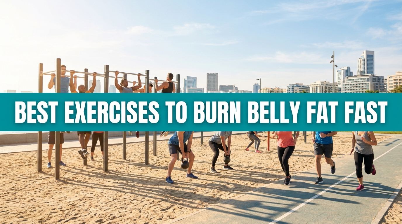 Outdoor fitness park with people exercising and a banner about the best exercises to burn belly fat fast