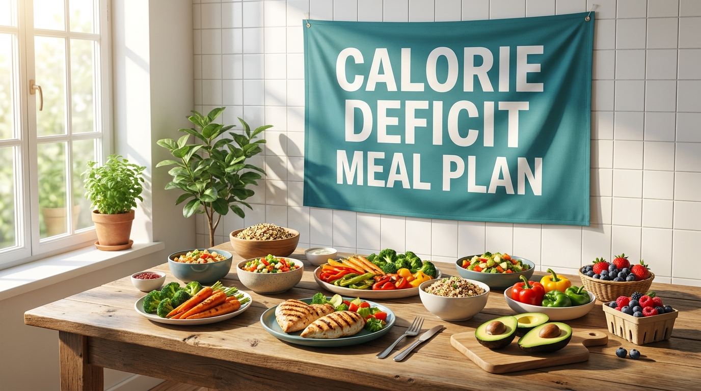 Healthy meal prep spread on a wooden table with a calorie deficit meal plan banner