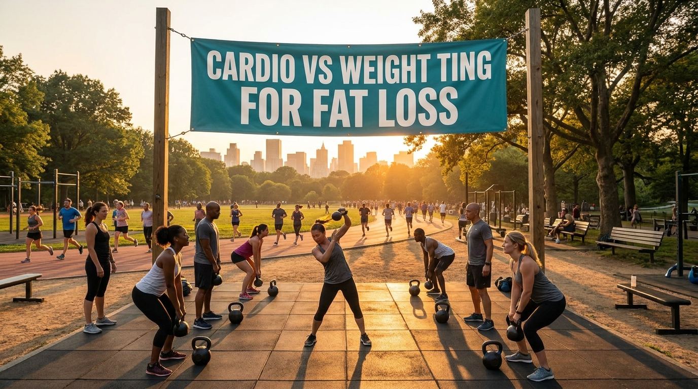 Outdoor fitness park with runners and lifters under a banner reading cardio vs weight training for fat loss