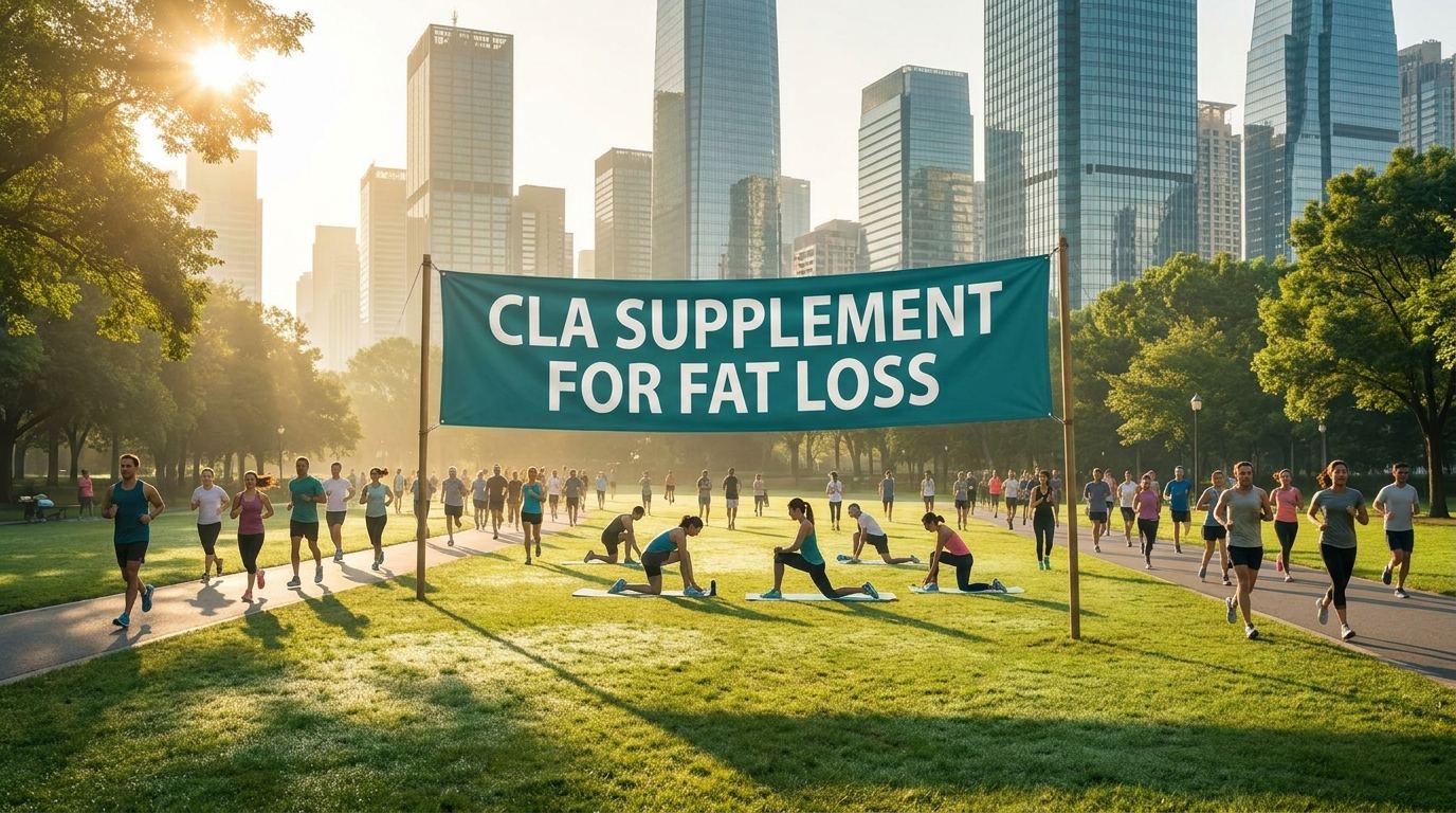 Outdoor wellness scene with a banner reading CLA supplement for fat loss