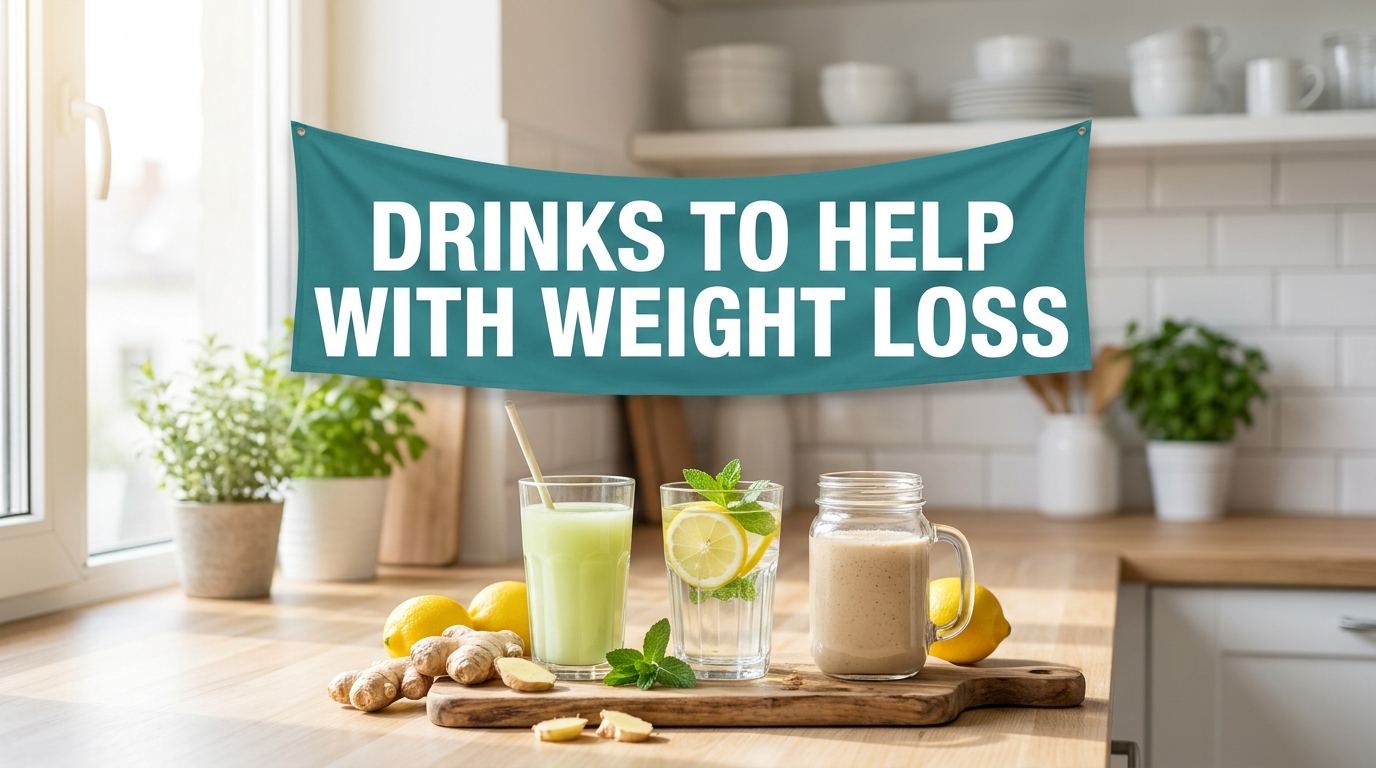 Kitchen counter with green tea, lemon water, and protein shake under a banner reading Drinks To Help With Weight Loss