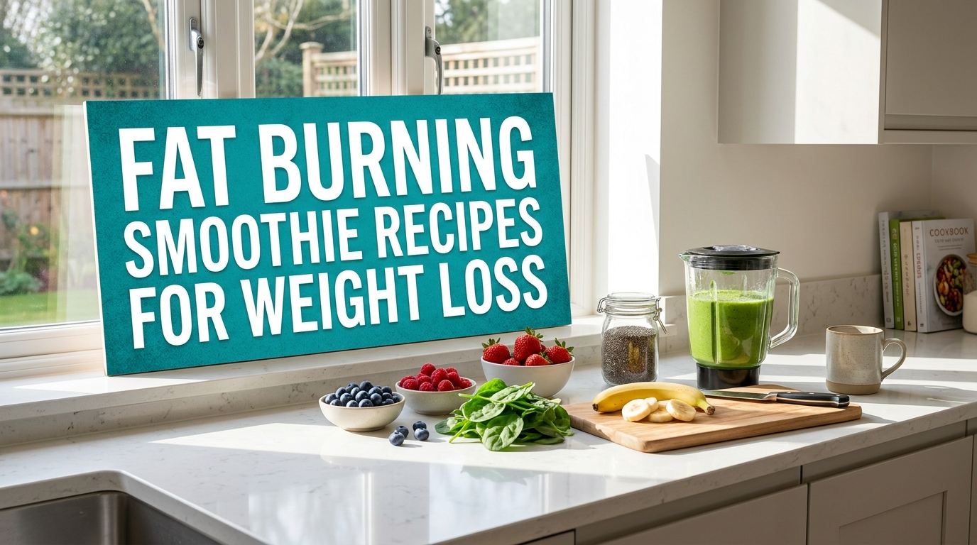Kitchen scene with fresh smoothie ingredients under a banner reading fat burning smoothie recipes for weight loss