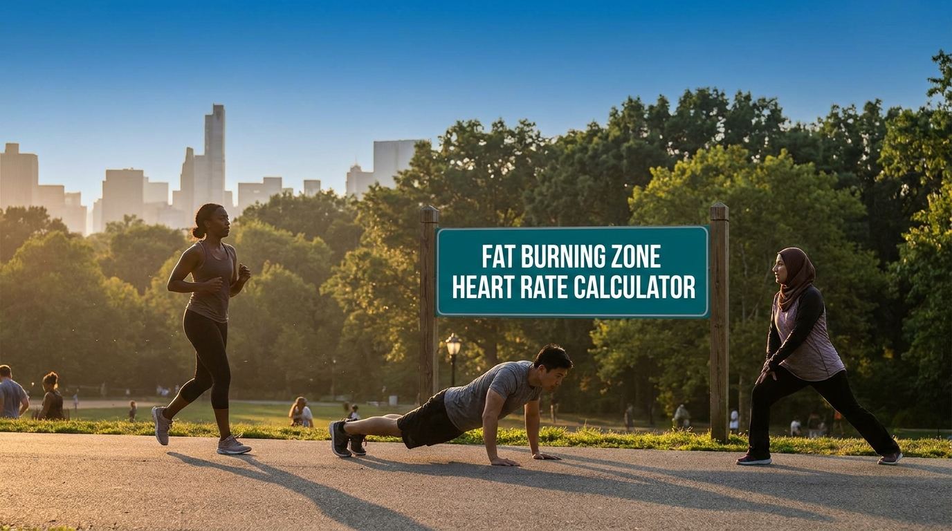 Outdoor fitness scene with a large teal sign reading fat burning zone heart rate calculator