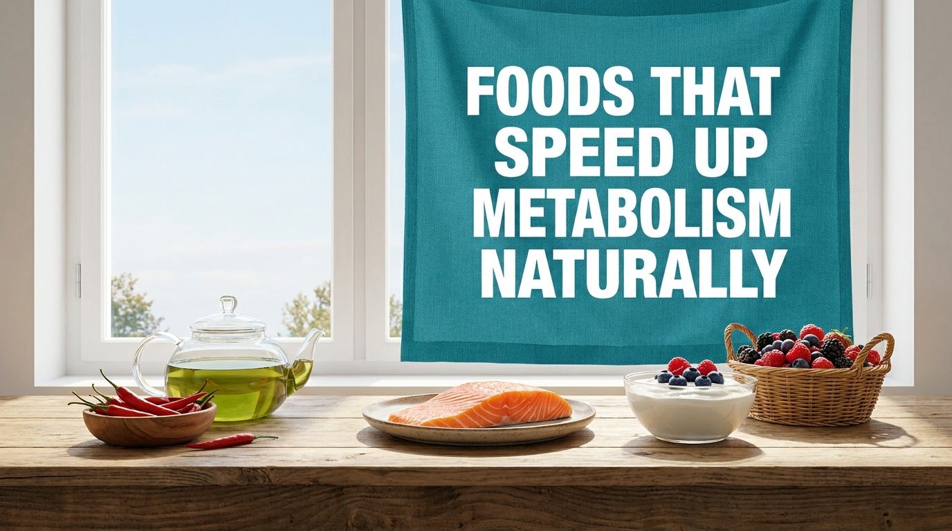 Kitchen counter with metabolism-boosting foods and a wellness sign
