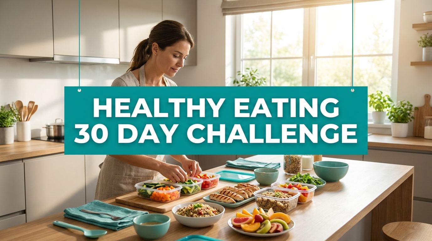 Woman preparing colorful healthy meals in a bright kitchen with a banner reading Healthy Eating 30 Day Challenge