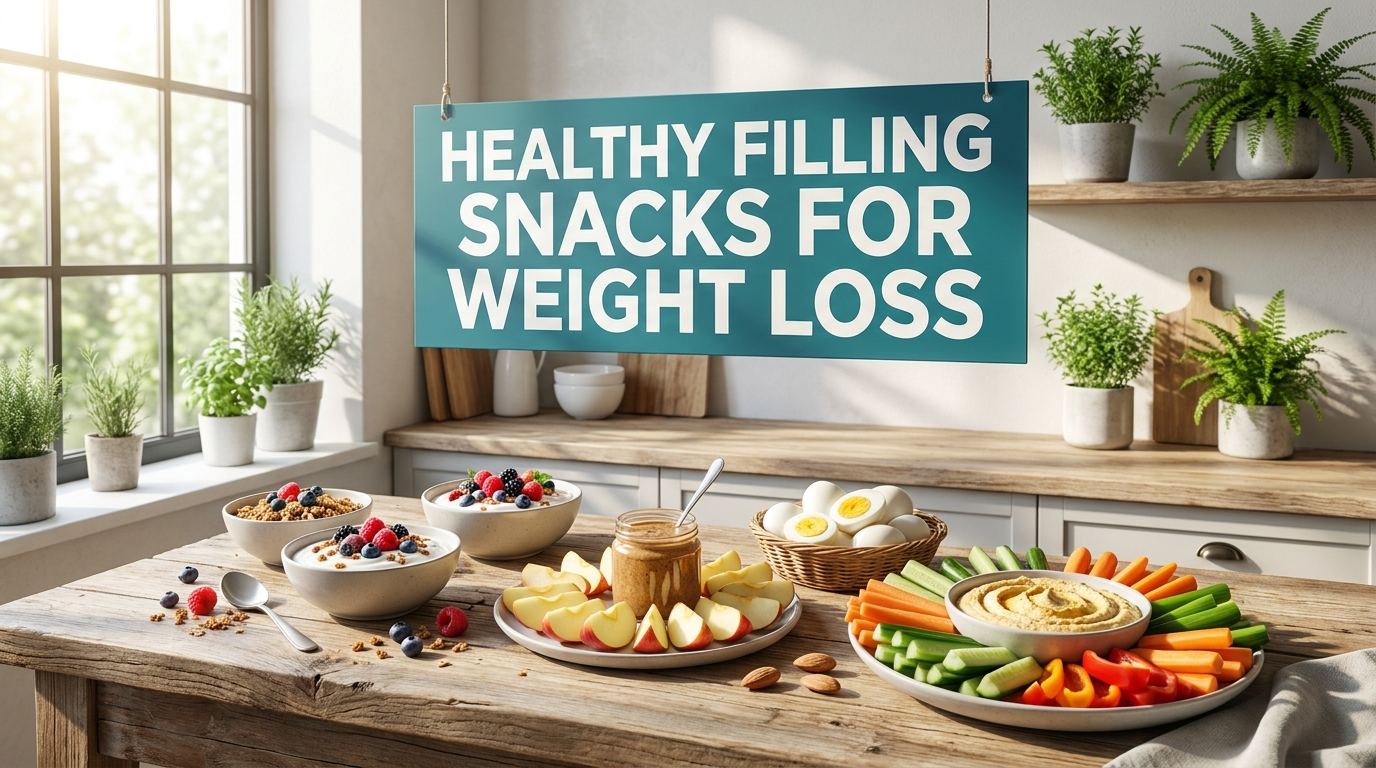 Kitchen counter with healthy snacks under a sign reading Healthy Filling Snacks for Weight Loss