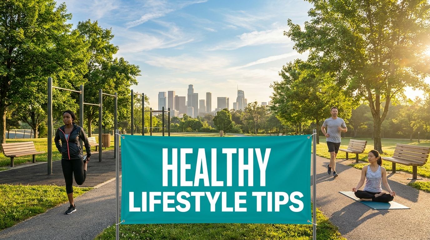 Outdoor fitness park with sign reading Healthy Lifestyle Tips