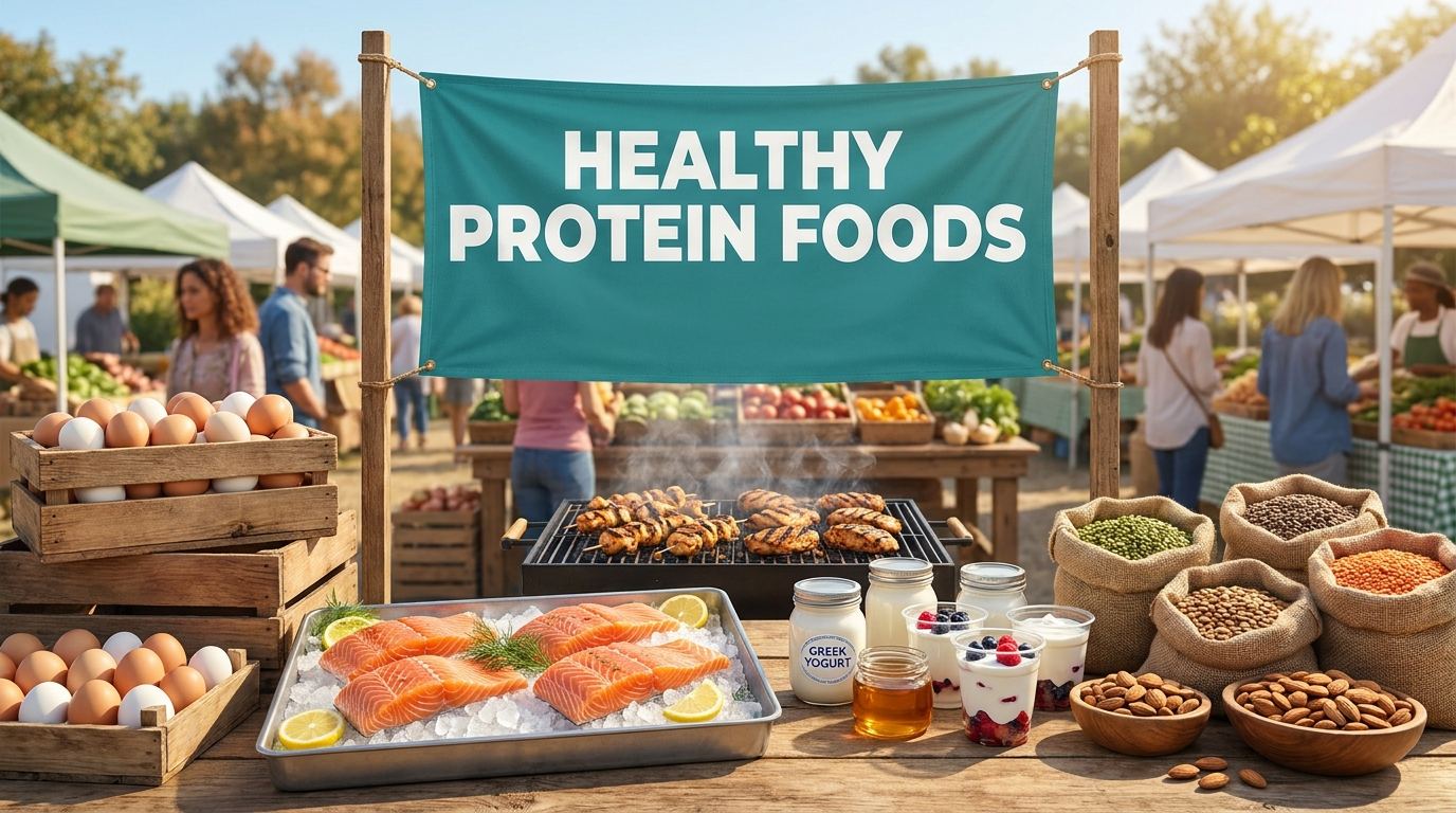 Fresh healthy protein foods displayed at an outdoor market under a bright banner