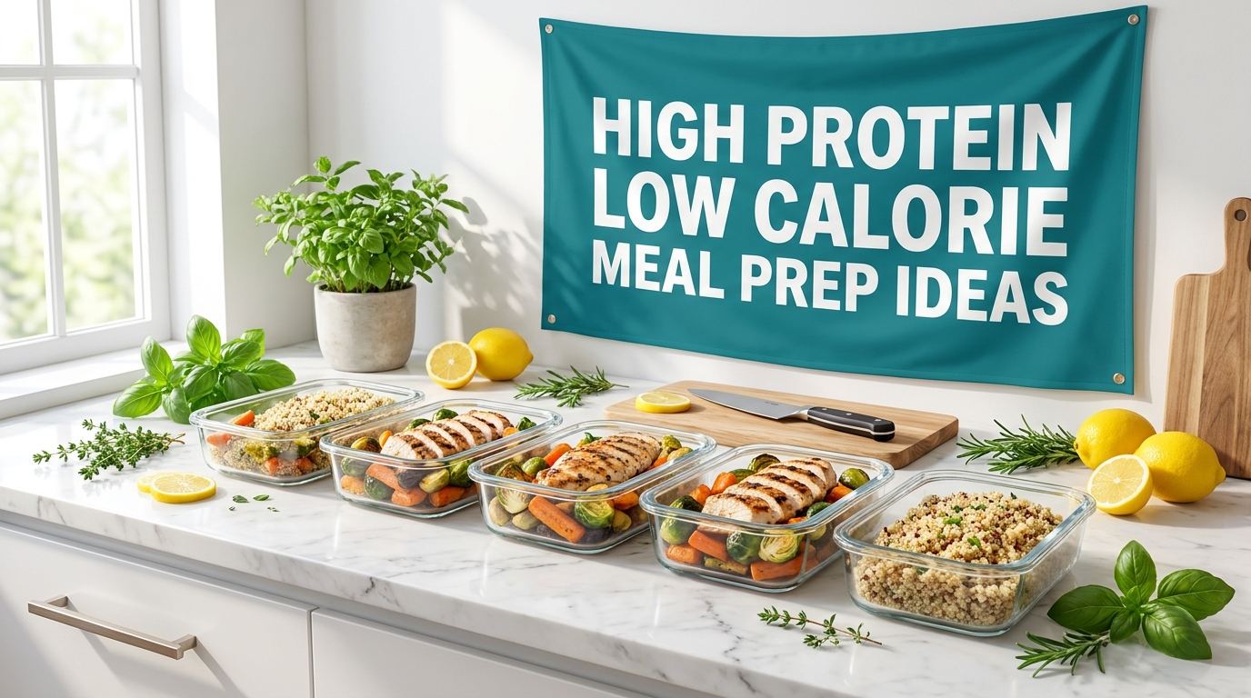 Meal prep containers with chicken and vegetables under a High Protein Low Calorie Meal Prep Ideas sign