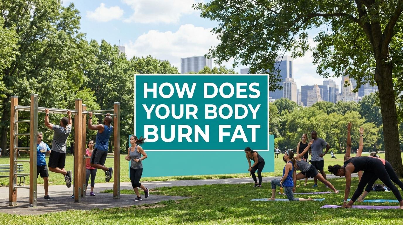 Outdoor park fitness scene with sign reading how does your body burn fat