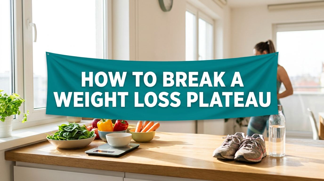 Kitchen wellness scene with fresh food and fitness gear under a banner reading how to break a weight loss plateau
