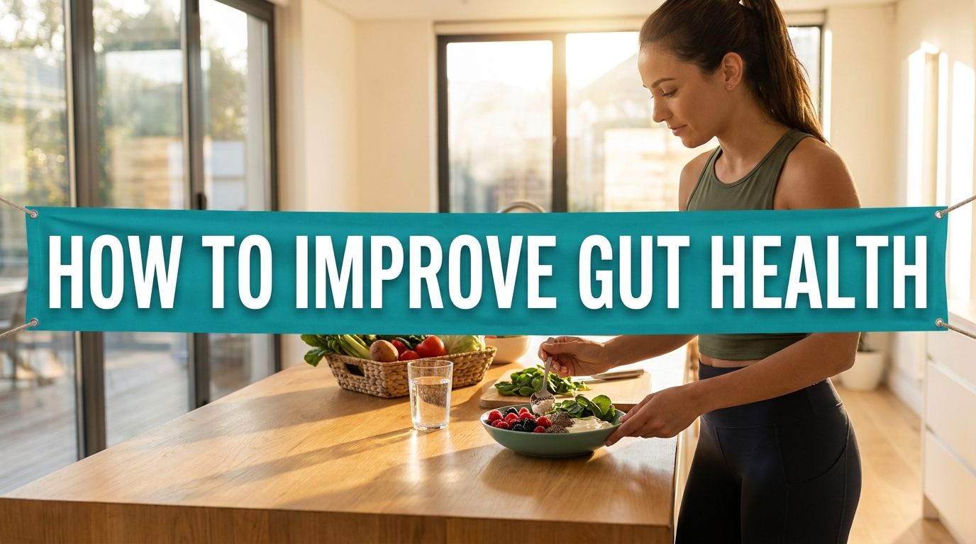Woman preparing gut-friendly breakfast with yogurt, berries and greens under a HOW TO IMPROVE GUT HEALTH banner