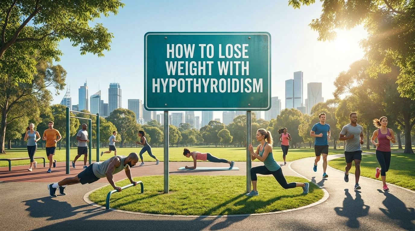Outdoor fitness scene with a sign reading how to lose weight with hypothyroidism