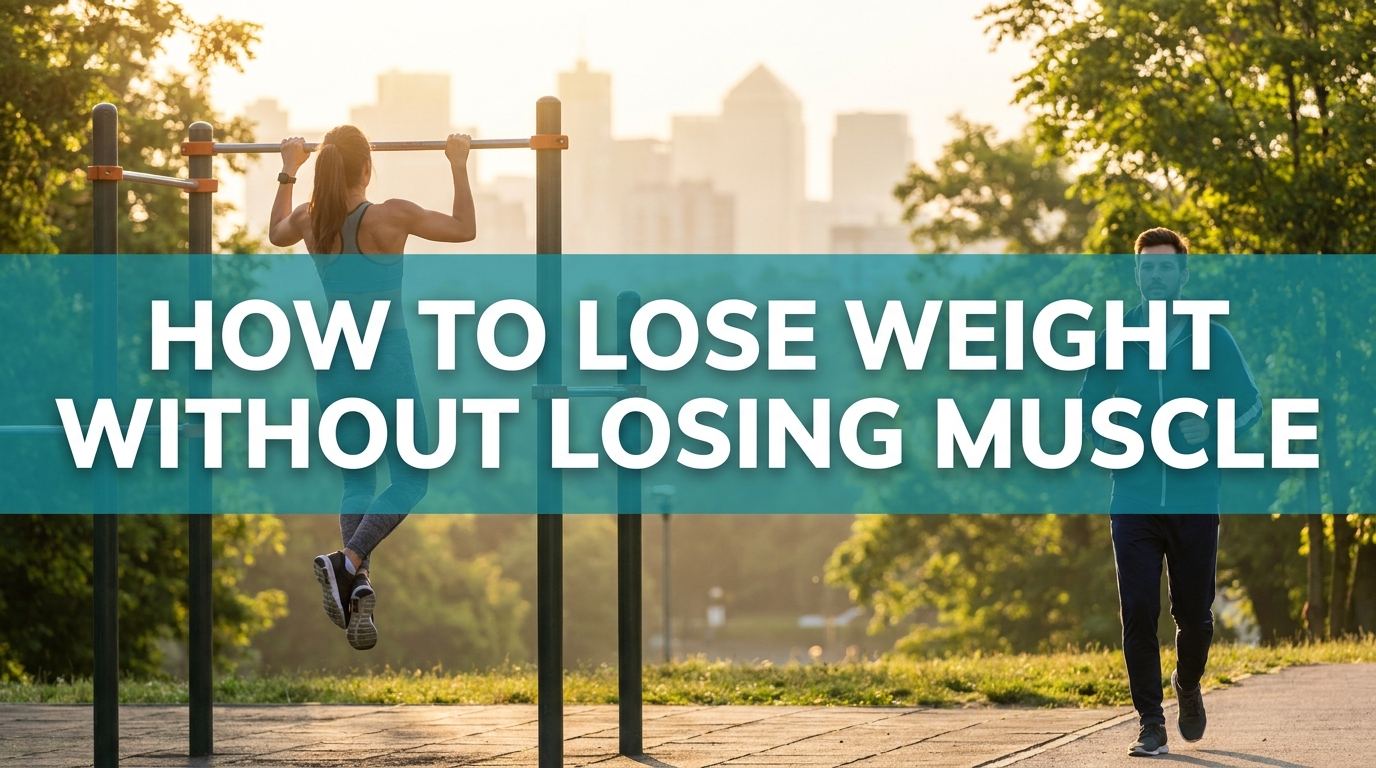 Outdoor gym scene with banner reading how to lose weight without losing muscle