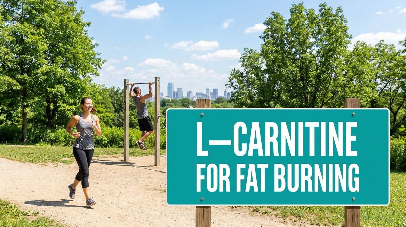 Outdoor fitness scene with L-carnitine for fat burning banner sign
