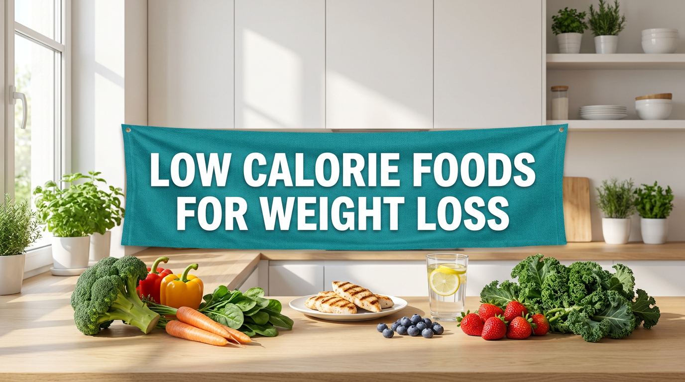 Fresh vegetables and lean proteins on a kitchen counter with a banner reading low calorie foods for weight loss