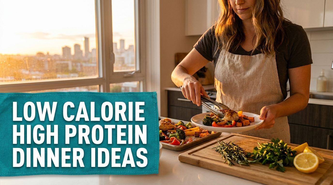 Bright kitchen scene with a healthy plated chicken dinner and a banner reading low calorie high protein dinner ideas