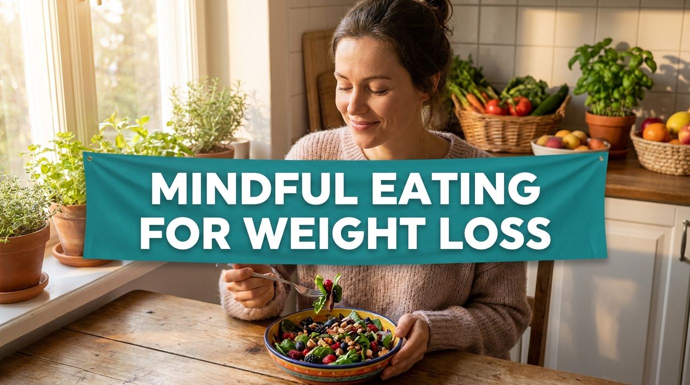 Woman practicing mindful eating at a sunlit kitchen table with fresh food