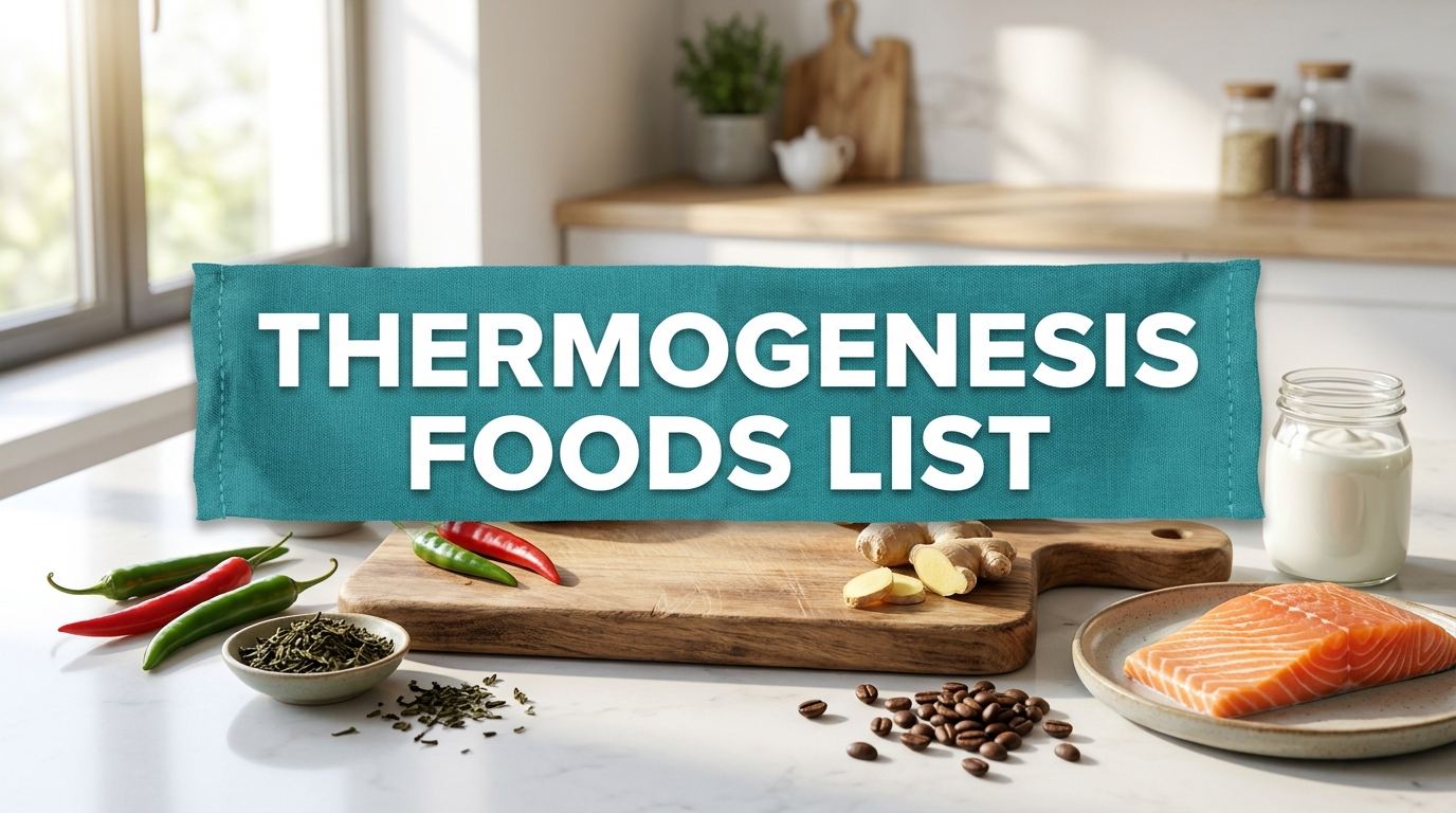 Colorful array of fat-burning foods on a kitchen counter with a thermogenesis foods list banner