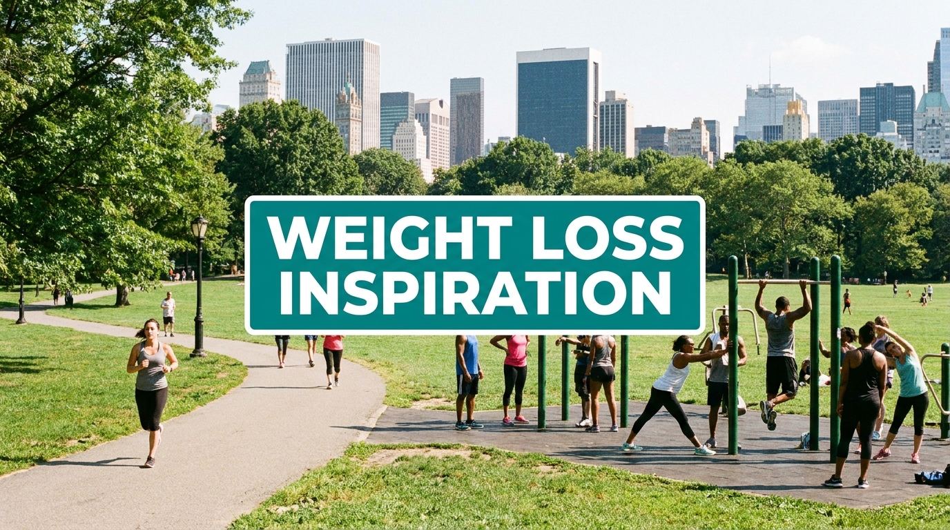 Group of people exercising in a sunny outdoor park with a Weight Loss Inspiration banner