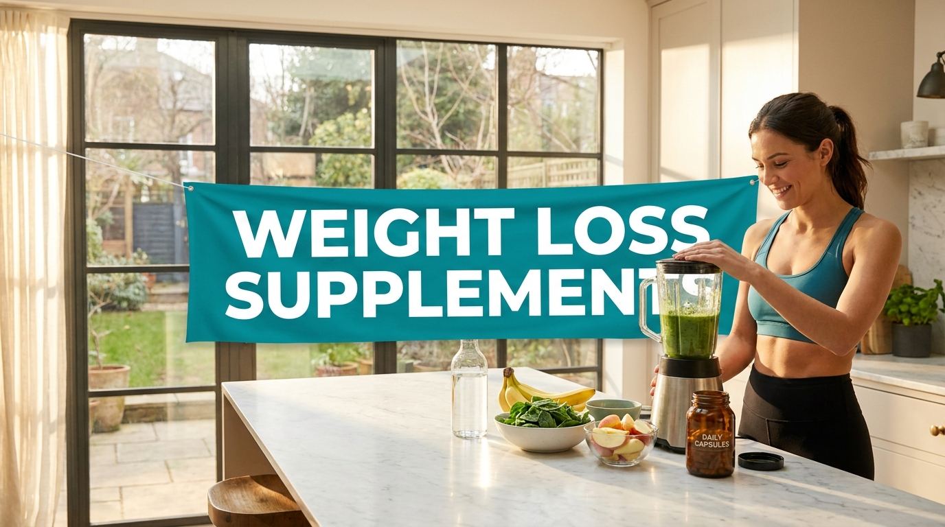 Bright kitchen wellness scene with a weight loss supplements banner