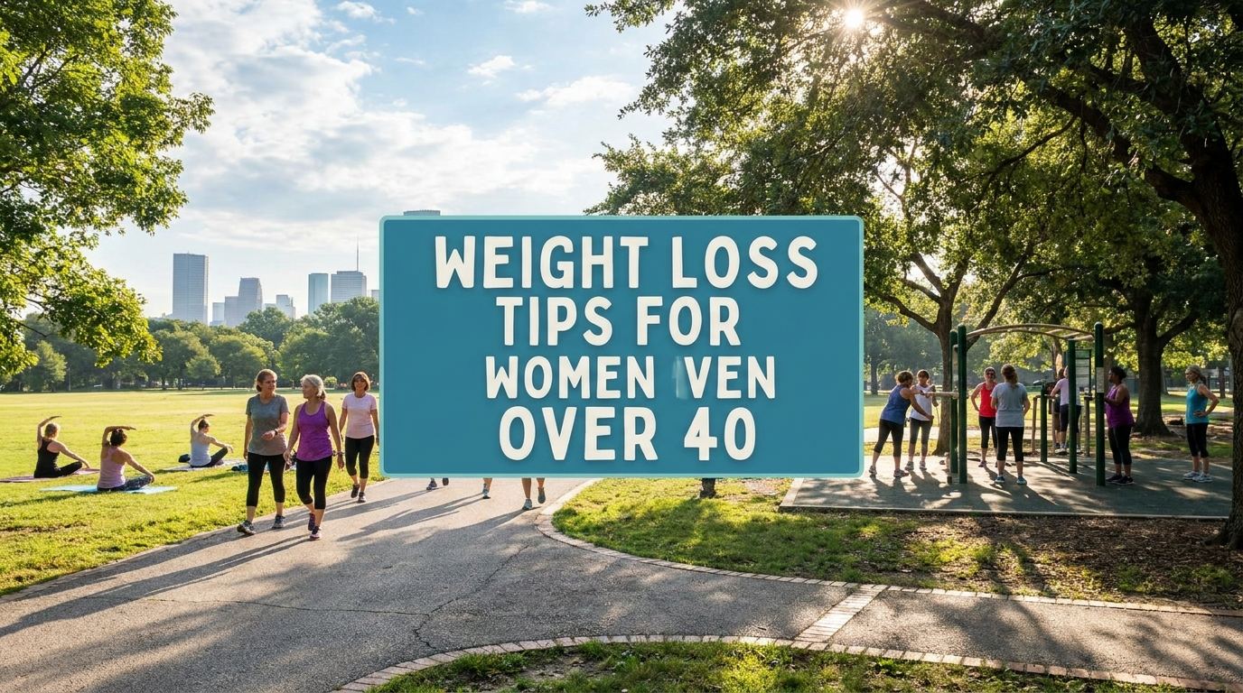 Outdoor wellness scene with women over 40 exercising in a park under a Weight Loss Tips for Women Over 40 banner