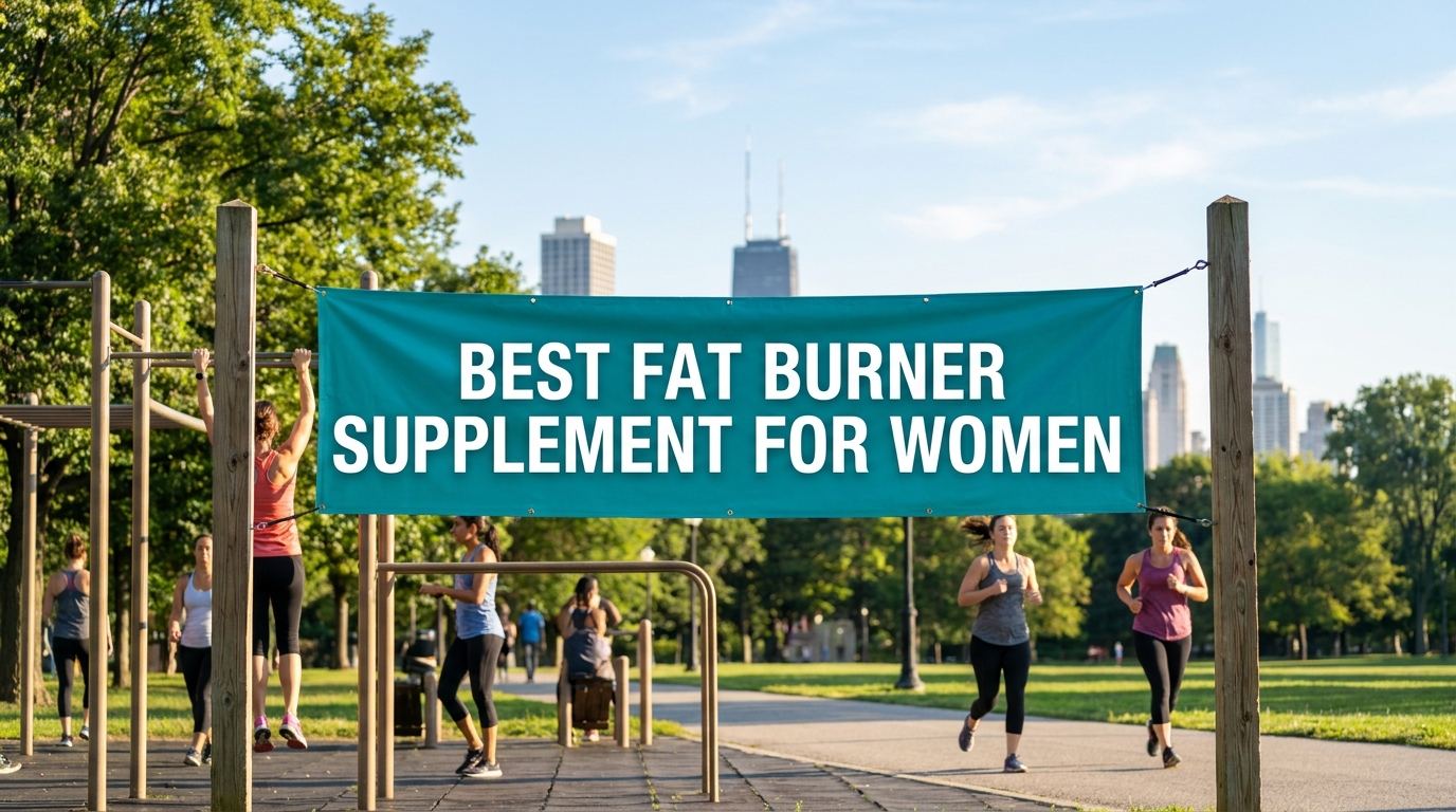 What’s the Best Fat Burner Supplement for Women? Outdoor wellness scene with women exercising and a teal banner reading Best Fat Burner Supplement For Women