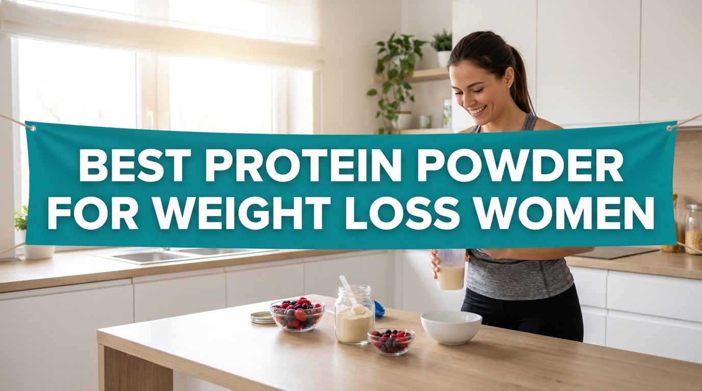 Woman in kitchen with protein shake and banner reading best protein powder for weight loss women