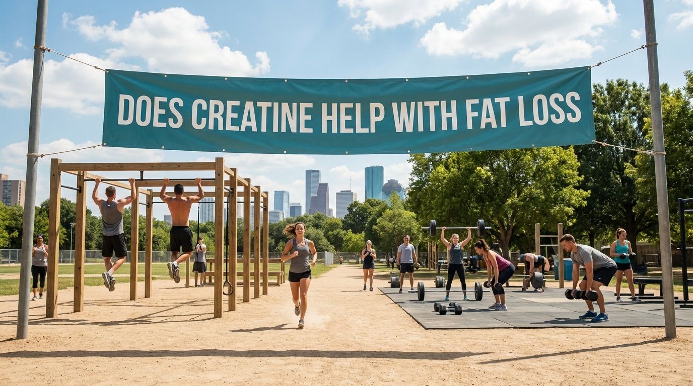 Outdoor fitness park with athletes training under a banner reading Does Creatine Help With Fat Loss
