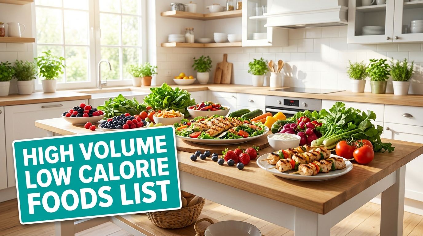 Kitchen table filled with colorful low calorie whole foods and a sign reading high volume low calorie foods list