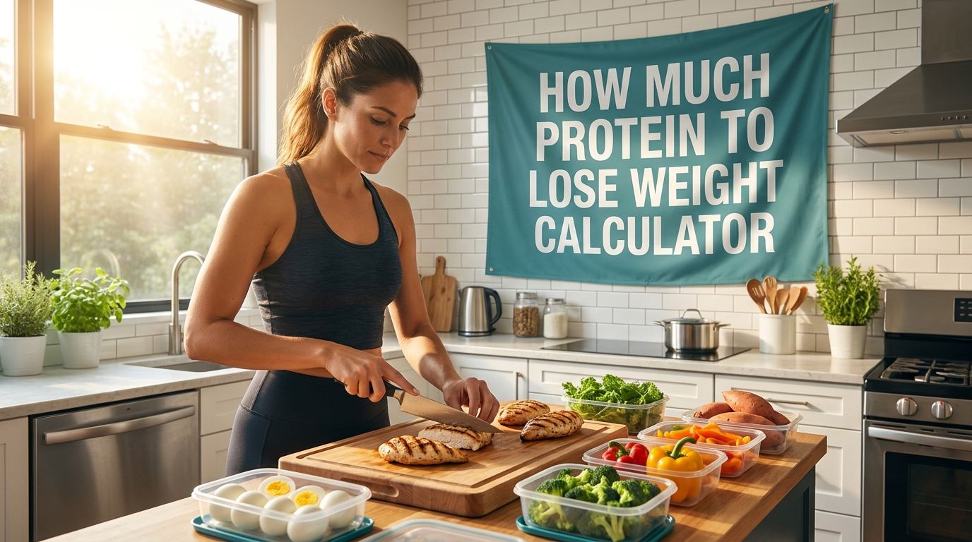 Woman meal prepping high-protein foods with a sign about protein calculator for weight loss