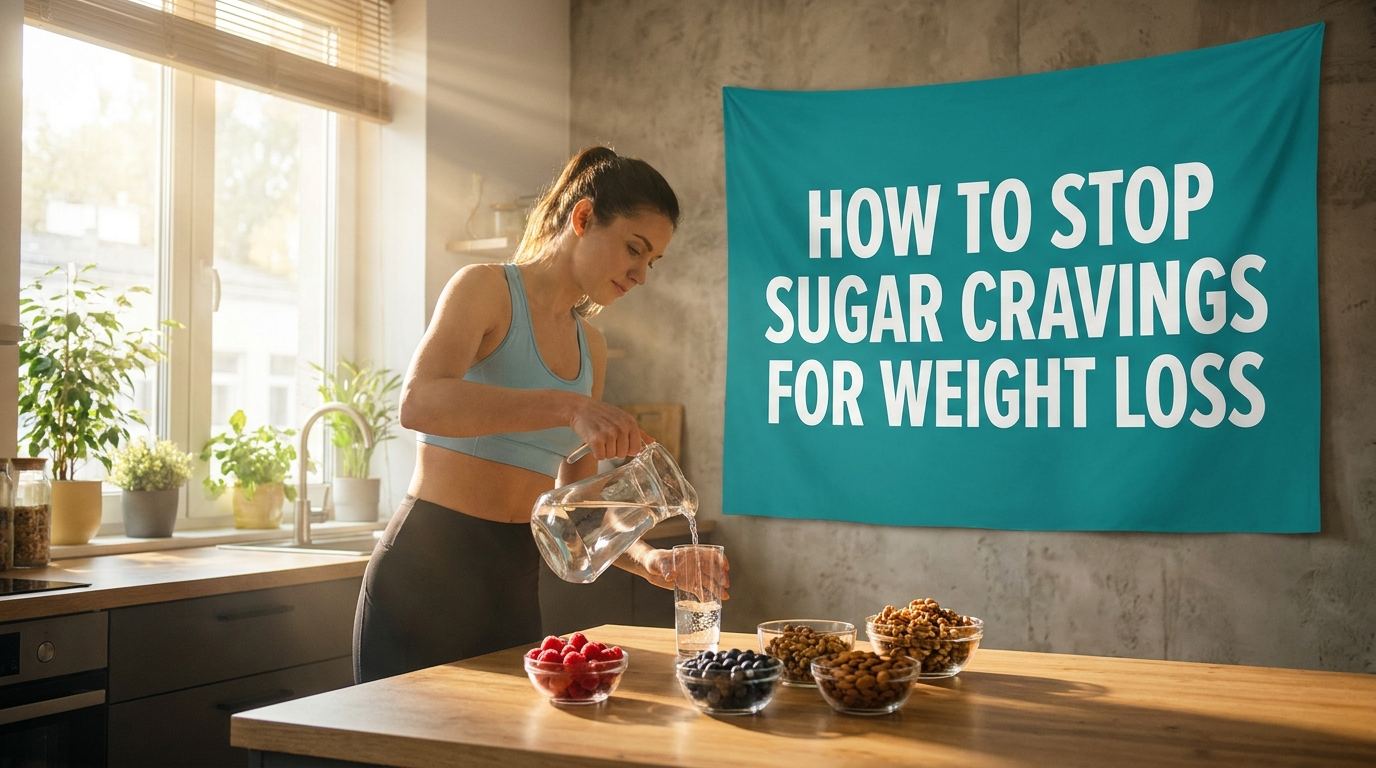 Woman in a sunlit kitchen with fresh berries and a sign reading how to stop sugar cravings for weight loss