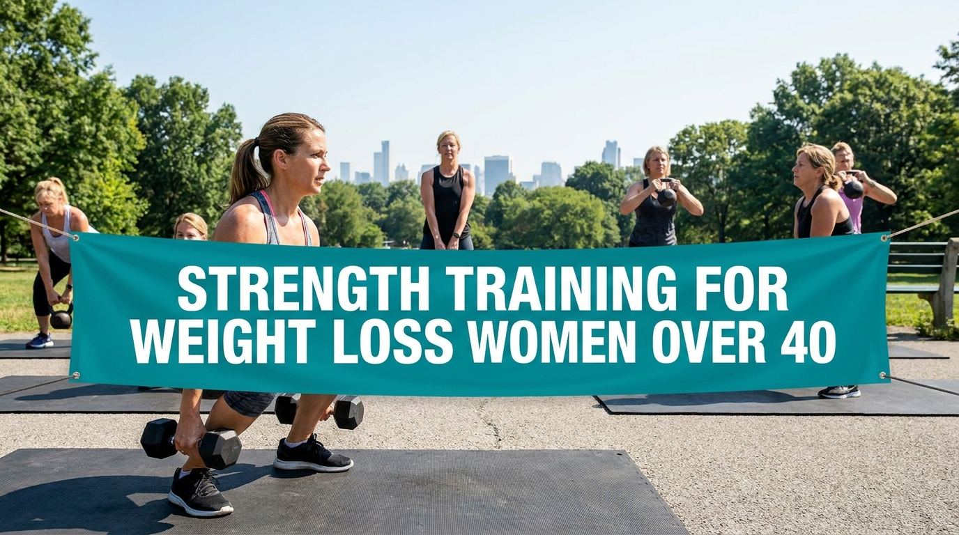 Women over 40 strength training outdoors with dumbbells and kettlebells