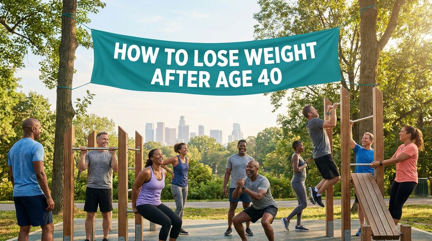 How to Lose Weight After Age 40? A Real Guide That Works Adults over 40 exercising outdoors at a park fitness area with a banner reading How To Lose Weight After Age 40